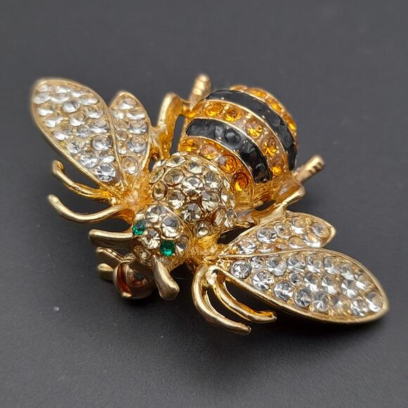 Bee Gold Plated Brooch, Insect Pin Clear Black Yellow Rhinestones Signed Ricinni - Picture 6 of 11